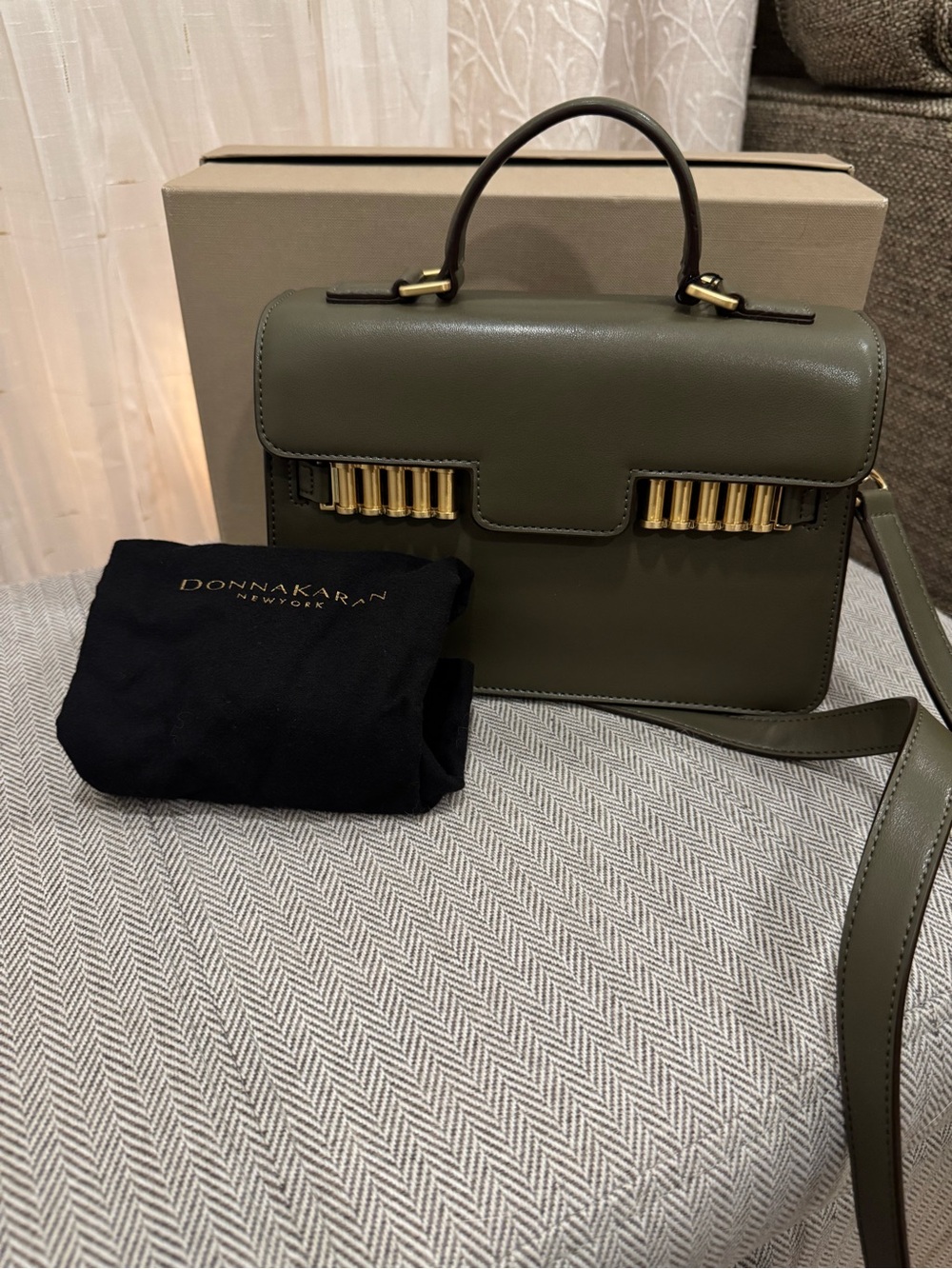 Donna Karan Olive Green Leather Satchel with Gold-Tone Accents
